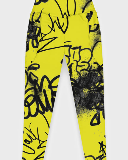 Urban Noir Graffiti High-Waisted Leggings - Yellow (Pockets)