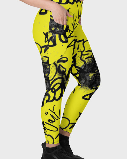 Urban Noir Graffiti High-Waisted Leggings - Yellow (Pockets)