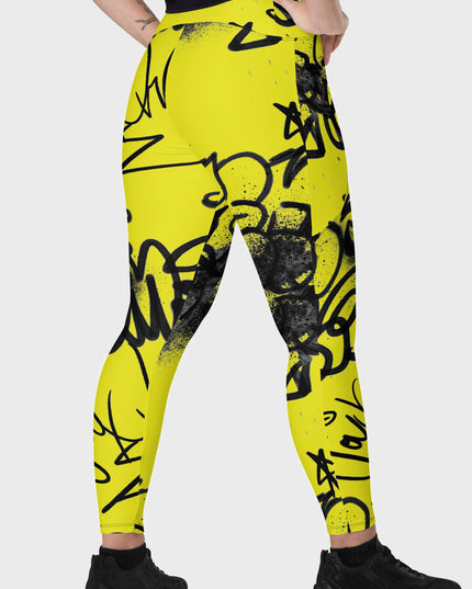 Urban Noir Graffiti High-Waisted Leggings - Yellow (Pockets)